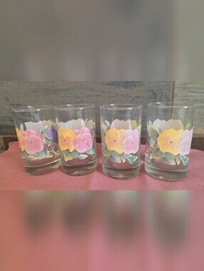Set of 4 SUMMER BLUSH Corelle Impressions Juice Glass Glasses Pansy 6 oz 4" Vtg.